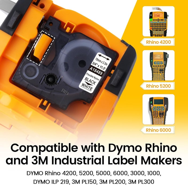 Pillex 6-Pack 18489 Replace for DYMO Rhino Industrial Flexible Nylon 3/4 Inch Label Tape, Work with DYMO Rhino Pro 4200 5200 5000 6000 3000 1000 Label Maker, 3/4 Inch x 11.5 Feet, 19mm, Black on White - Image 3
